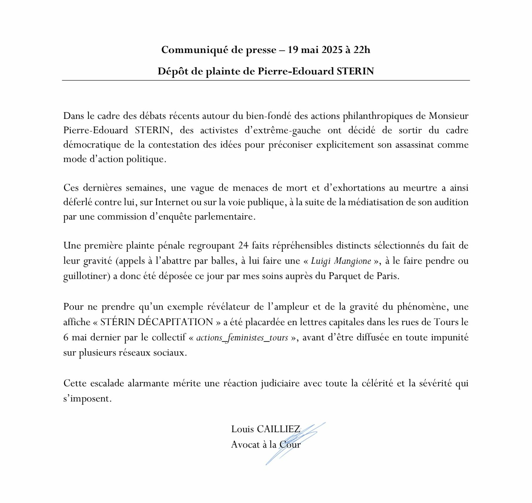 Stérin Cailliez communiqué de presse avocat